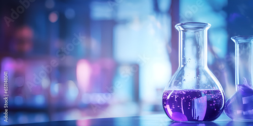 Laboratory concept. flask on neon blue color bokeh background 