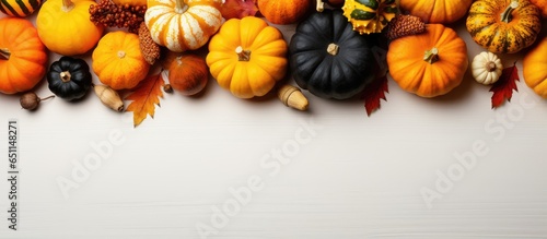 Colorful pumpkins including white orange golden and black ones on a stack for Halloween and Thanksgiving decorations with autumn vibes