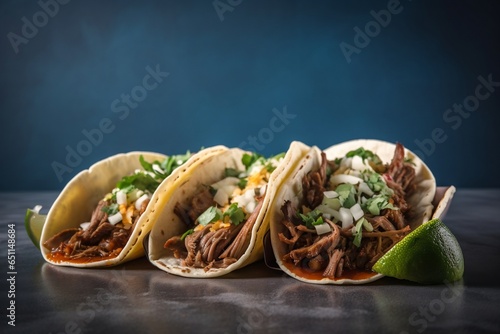 Carne asada mexican street tacos isolated on blue background. Copy space for ad, banner menu recipe. Generative AI.