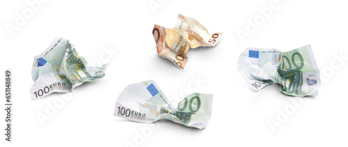 Obraz na płótnie A collection of crumpled 50 & 100 Euro banknotes lying on the ground after being thrown away, dropped, wasting money concept isolated against a transparent background. w salonie