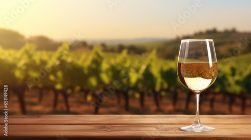 Mock up with a glass of wine, standing on a wooden table on blurry vineyard background, with a free place for text
