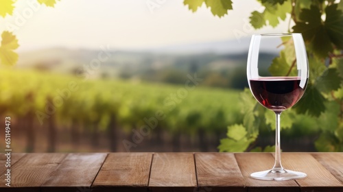 Mock up with a glass of wine, standing on a wooden table on blurry vineyard background, with a free place for text photo