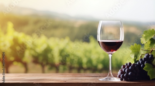 Mock up with a glass of wine  standing on a wooden table on blurry vineyard background  with a free place for text