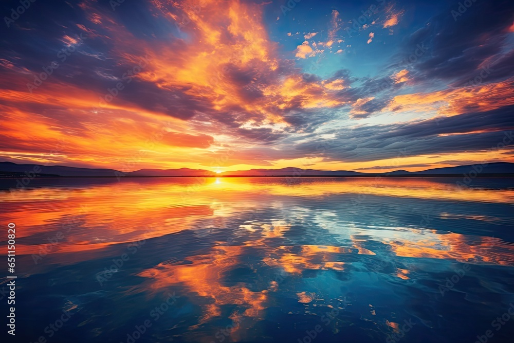 Fototapeta premium Sunset over the horizon with beautiful clouds and reflection in the water