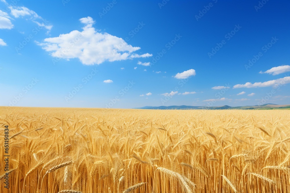 Golden wheat field under clear sky. Generative AI