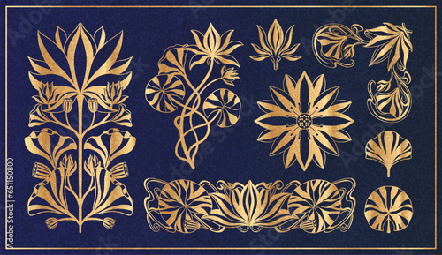 Floral lotus plant in art nouveau 1920-1930. Hand drawn in a linear style with weaves of lines, leaves and flowers.