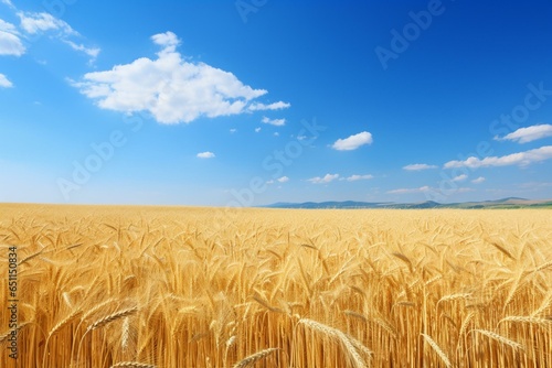 Golden wheat field under clear sky. Generative AI