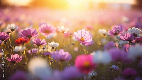 Flower field in sunlight spring or summer garden backgrond, Generative AI © AIExplosion