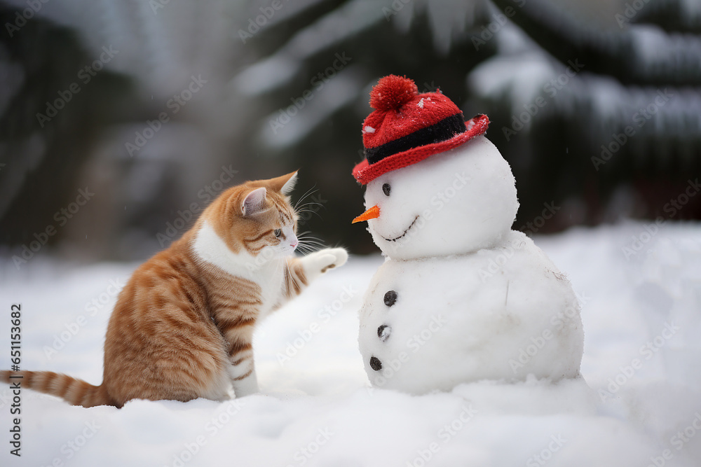 Cat in red hat makes snowman