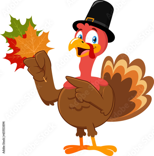 Smiling Pilgrim Turkey Cartoon Character Holding Autumn Leaves. Vector Illustration Flat Design Isolated On Transparent Background