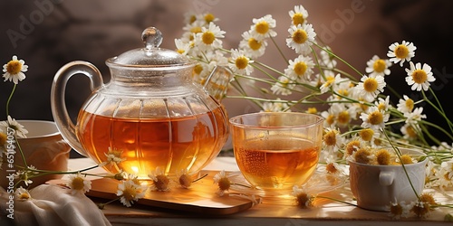 Teapot, cup of water, chamomile flowers, honey and tea bags on light background