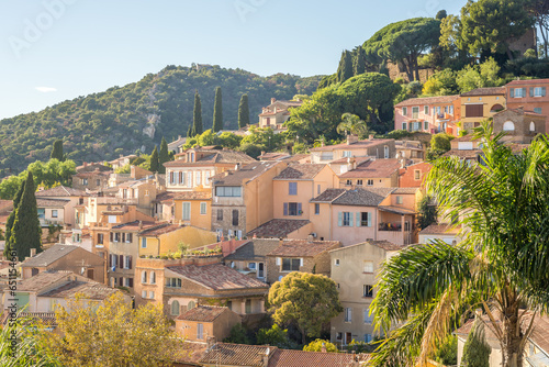 Scenic view of the small village of Bormes les Mimosas in south of France in warm winter sunlight
