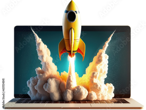 Wallpaper Mural Rocket coming out of laptop, transparent background png. Generative AI Torontodigital.ca