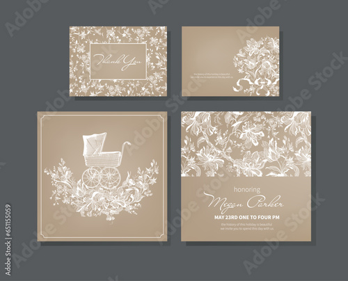 Baby shower vintage invitation, template.