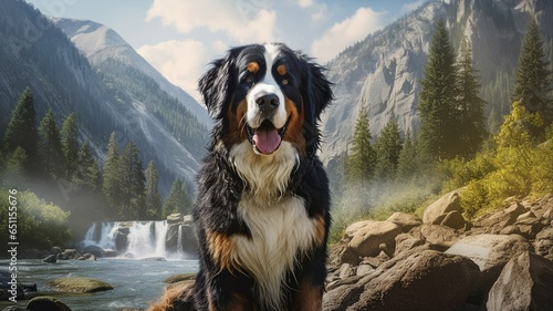 Bernese Mountain Dog against a scenic backdrop