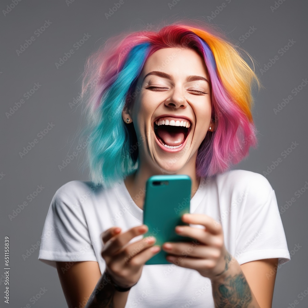 Naklejka premium Happy young woman with colored hair and a smartphone in her hands laughs and screams with joy