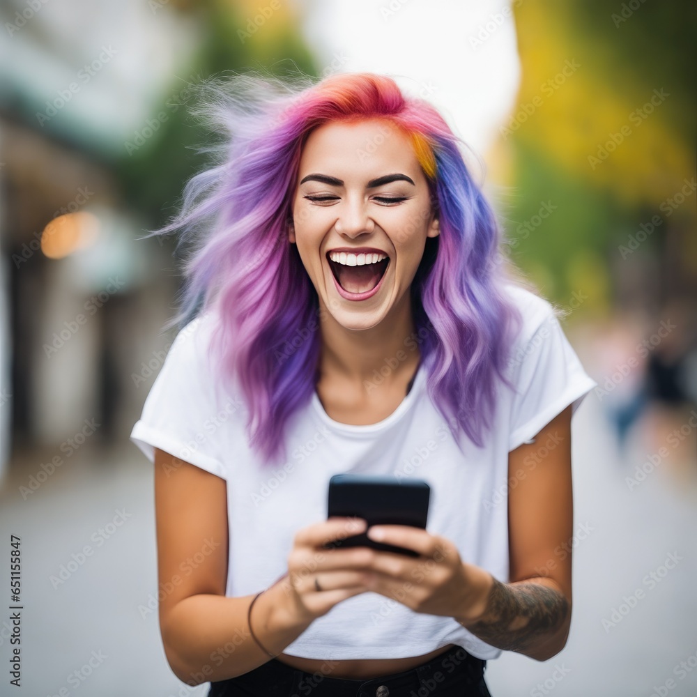 Happy young woman with colored hair and a smartphone in her hands laughs and screams with joy Happy young woman with colored hair and a smartphone in her hands laughs and screams with joy