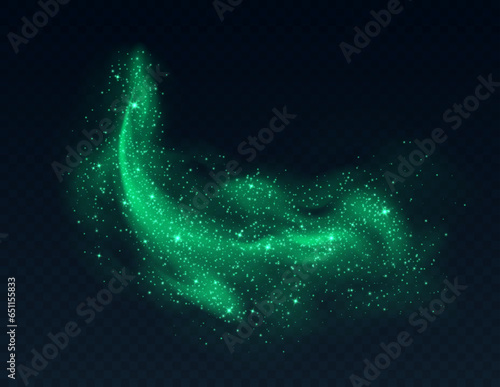 Green dust cloud with sparkles isolated on dark background. Stardust sparkling background. Glowing glitter smoke or splash. Vector illustration. Christmas or Halloween decoration.