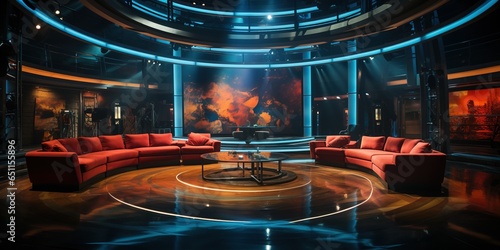 TV studio set. Hand edited generative AI. Tv or Cable new network live studio setup