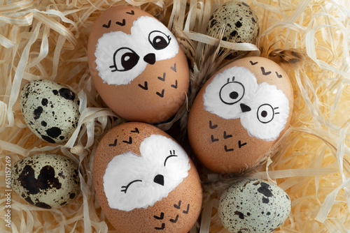 Cute owls in the nest. Brown Easter eggs, quail eggs on yellow straw.