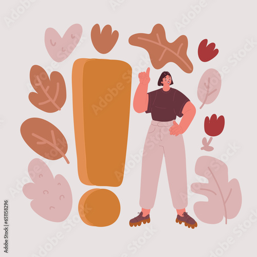 Vector illustration of woman with an idea. Woman stand near question solving or answering.
