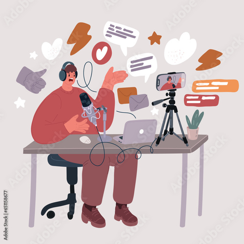 Vector illustration of man host streaming his audio podcast using microphone and laptop at his small broadcast studio