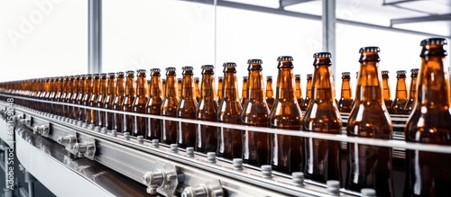Modern beer production line with brown glass bottles on a conveyor in a brewery