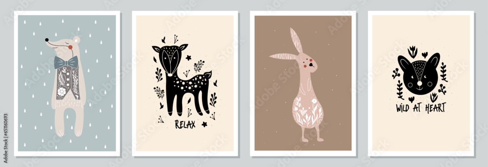 Set of hand drawn vector posters with forest animals and plants. Cute Scandinavian illustration with wild animals in the wood.