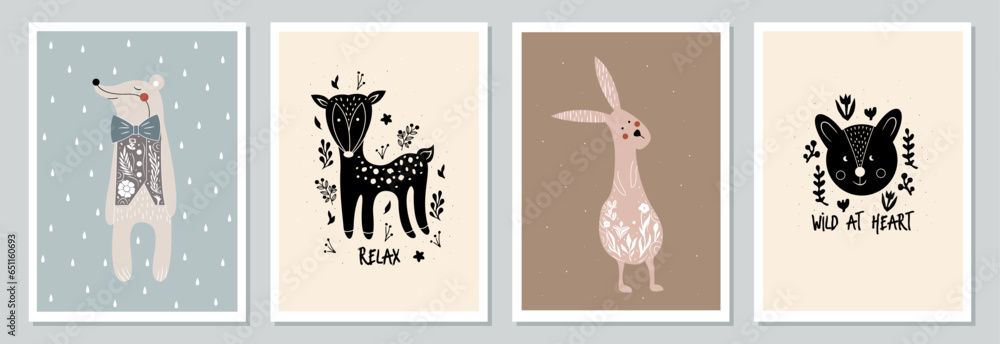 Ταπετσαρία Set of hand drawn vector posters with forest animals and plants