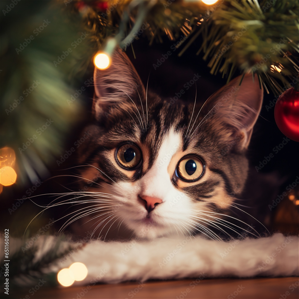 portrait of a cat on christmas tree and bokeh lights background. Close-up of a Cat.