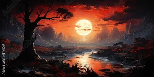 A painting of a red planet in the distance with a red moon in the distance © Coosh448