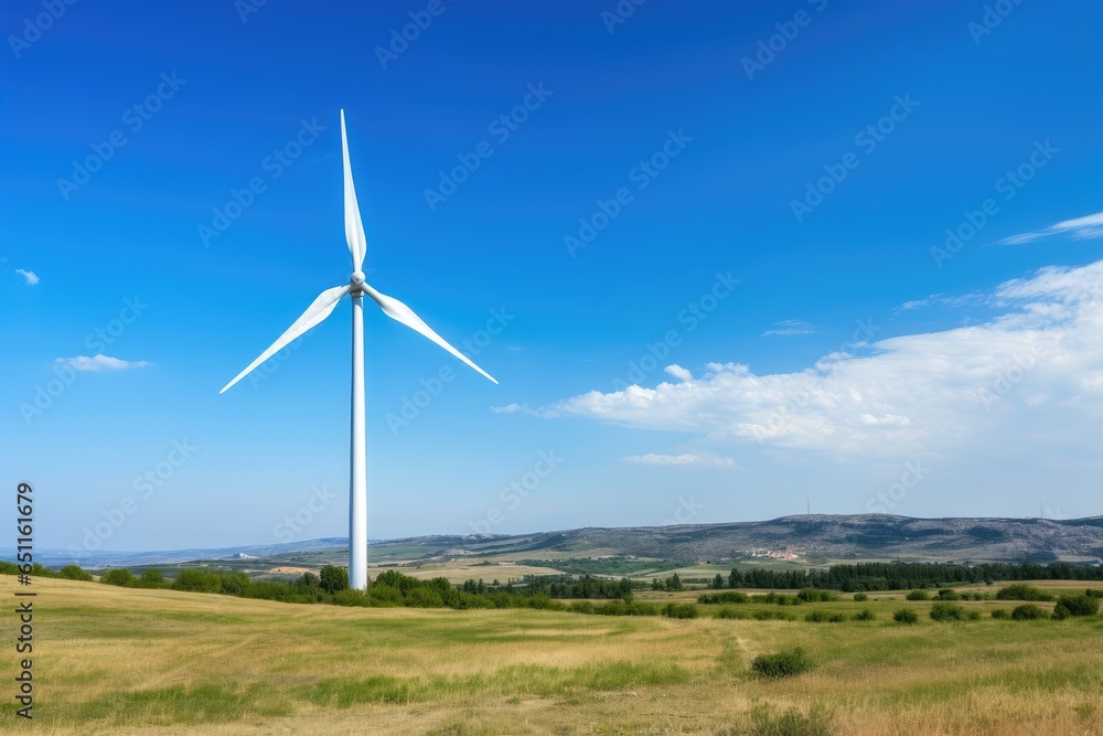 Wind turbine against a background of wide fields and clear blue sky, representing renewable energy