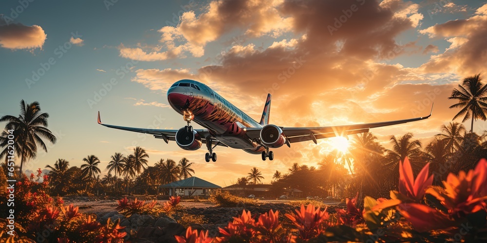 Airplane flying above palm trees in clear sunset sky with sun rays. Concept of traveling, vacation and travel by air transport - obrazy, fototapety, plakaty 
