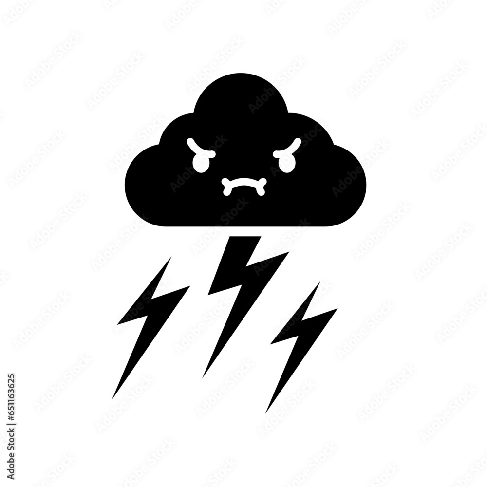 Cloud sky with character glyph icon. Angry storm cloud with lightning. sky with electric storm thunder. Weather for logo, app sticker, web. Vector illustration Design Cloud sky with character glyph icon. Angry storm cloud with lightning. sky with electric storm thunder. Weather for logo, app sticker, web. Vector illustration Design