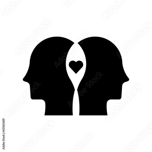 Profiles with mental health glyph icon. Two human avatar and love symbol. Mindfulness, dementia, neurology problem logo pictogram for web mobile. Vector illustration. Design