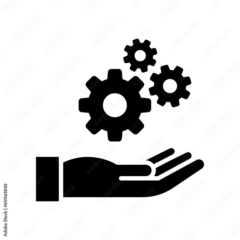 Installation and support glyph icon. Gears in hand for repair service process setting. Engineer job, Technology support help. Maintenance system Vector illustration. Design Installation and support glyph icon. Gears in hand for repair service process setting. Engineer job, Technology support help. Maintenance system Vector illustration. Design
