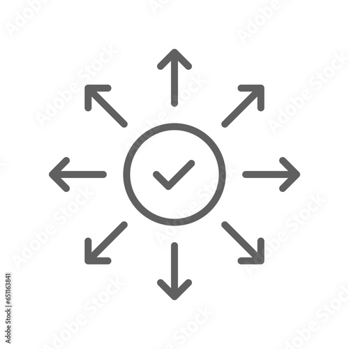 Distribution and launch line icon. Product release marketing. Success networking, check mark button with arrow spreading. outline pictogram. Vector illustration. Design