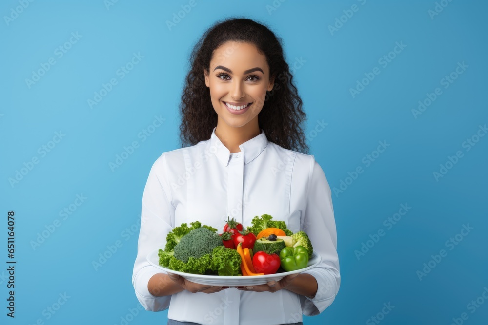Young Beautiful woman Doctor Nutritionist Holding a Tray with Fresh Vegetables on blue Background Young Beautiful woman Doctor Nutritionist Holding a Tray with Fresh Vegetables on blue Background