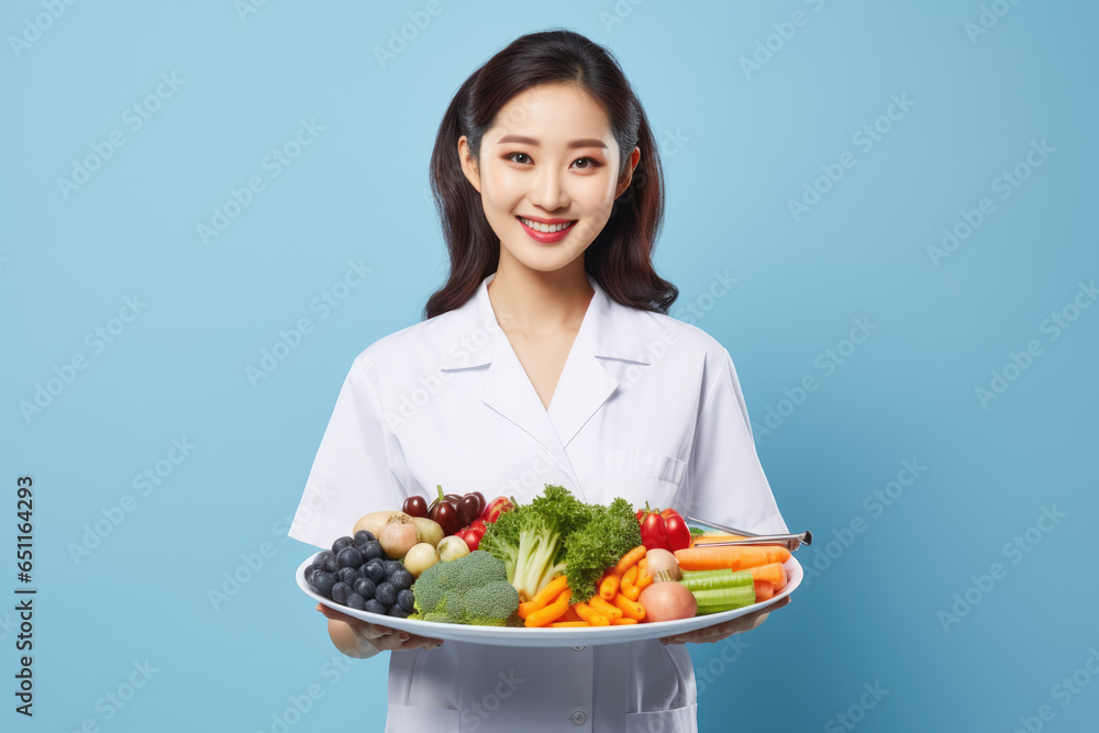 Young Beautiful Asian Doctor Nutritionist Holding a Tray with Fresh Vegetables on Blue Background