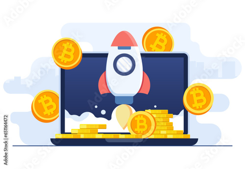 Rocket successfully taking off from laptop screen, Virtual money capitalization rise, Bull market concept, Growing bitcoin, Blockchain technology, Cryptocurrency, Digital money cryptocurrency trading 