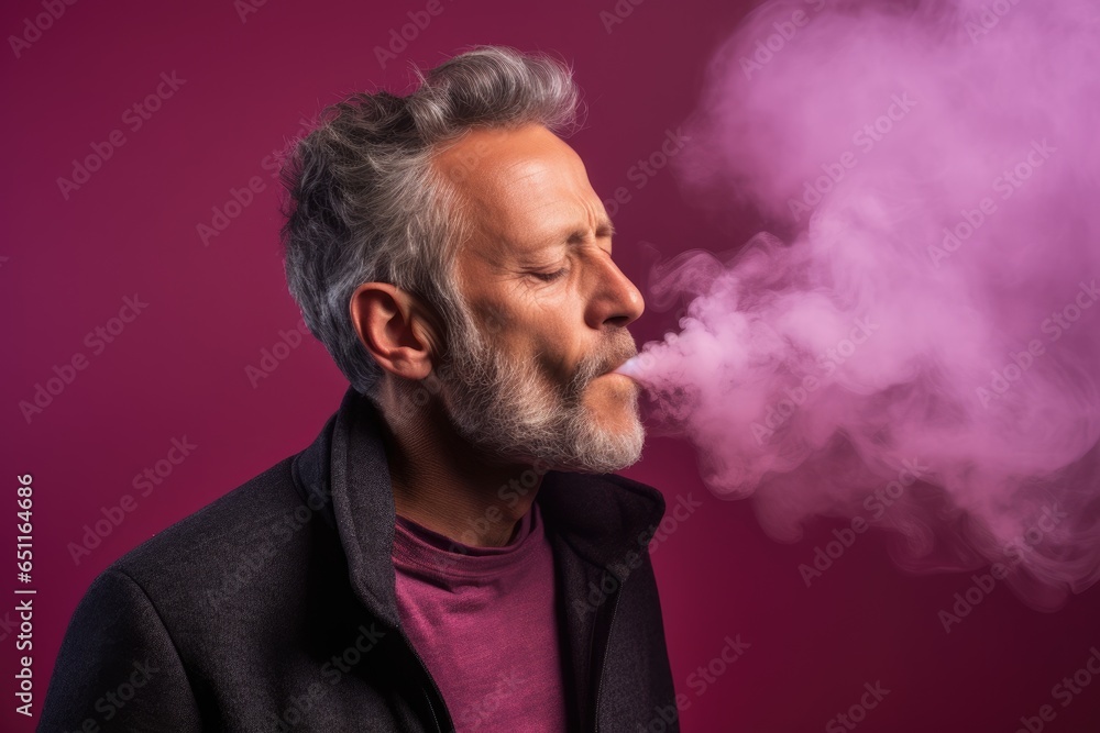 Senior Man Vaping on a Pink Background. A Conceptual Portrait of the Harmfulness of Electronic Cigarettes