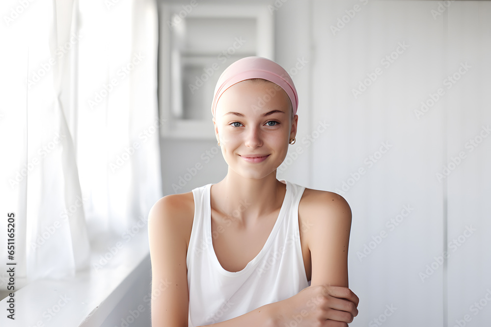 Smiling of breast cancer female on blurred white room background, Breast cancer awareness month, Generative AI Smiling of breast cancer female on blurred white room background, Breast cancer awareness month, Generative AI