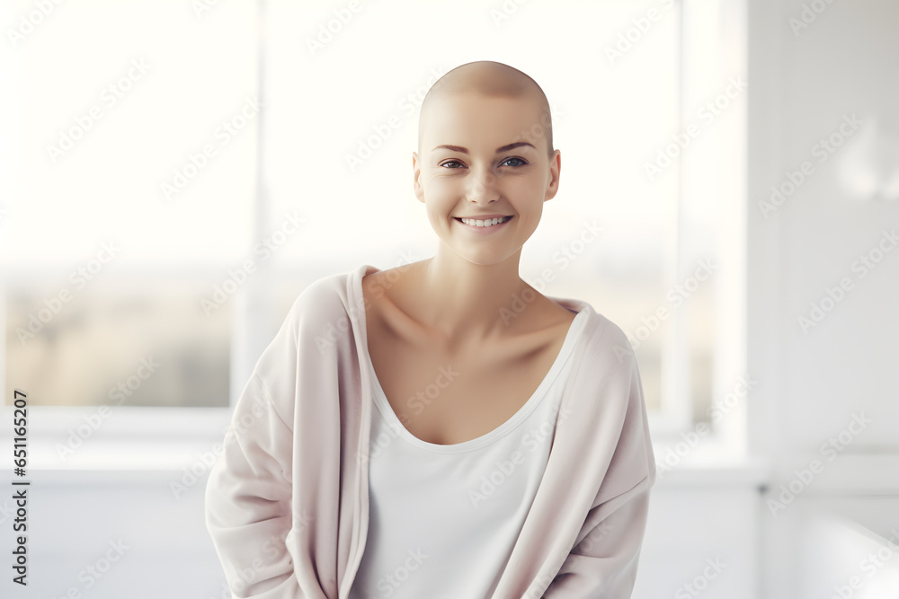 Smiling of breast cancer female on blurred white room background, Breast cancer awareness month, Generative AI Smiling of breast cancer female on blurred white room background, Breast cancer awareness month, Generative AI