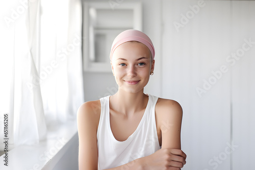 Smiling of breast cancer female on blurred white room background, Breast cancer awareness month, Generative AI