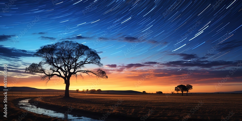 Star trails around celestial pole and nature silhouettes. Created with generative AI technology - obrazy, fototapety, plakaty 