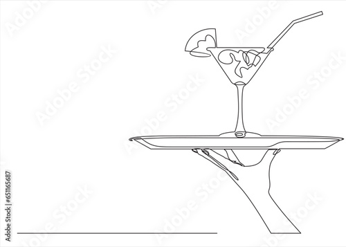 Hand holding tray with martini- one line continuous drawing. 