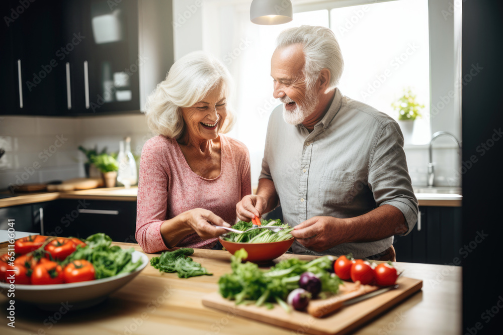 happy senior loving couple cooking in kitchen