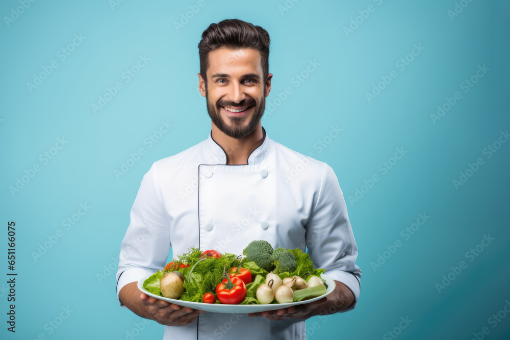 handsome man Holding a Tray with Fresh Vegetables on blue Background