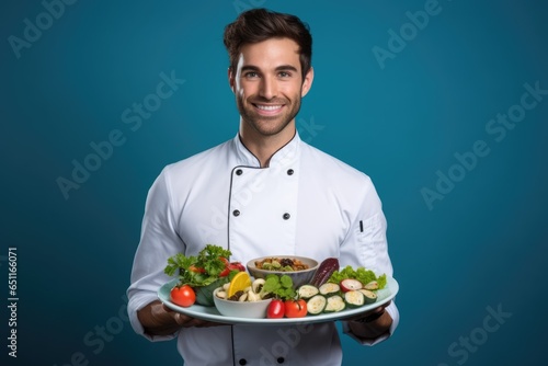 handsome man Holding a Tray with Fresh Vegetables on blue Background