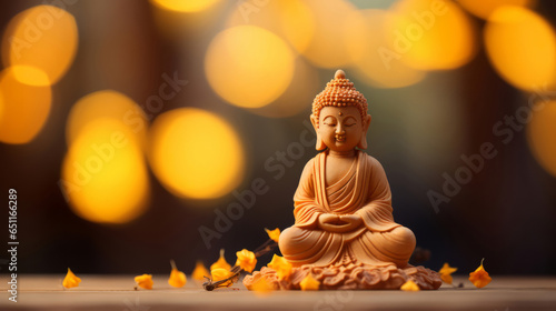 Close-up of buddha on table. Copy space. Meditation  religion concept.